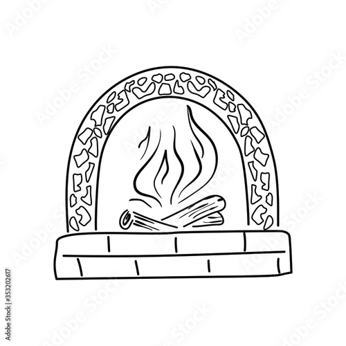 Fireplace with a burning hearth. Vector image in doodle style. Black drawing on a white background.