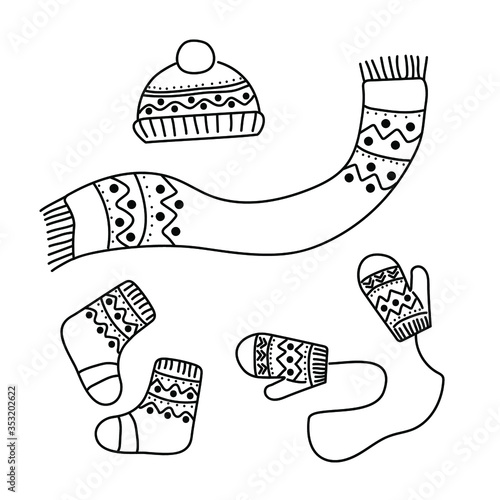 Knitted hat, Warm scarf, Woolen socks, Mittens with elastic. Vector image in doodle style. Black drawing on a white background.