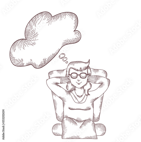 A girl sits and dreams with her eyes closed. Above it is a dream cloud where you can write your text. Vector drawing - stroke and line.