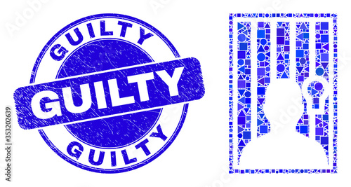 Geometric jailed person mosaic pictogram and Guilty seal stamp. Blue vector round grunge stamp with Guilty phrase. Abstract mosaic of jailed person done of round, triangles, square geometric elements.