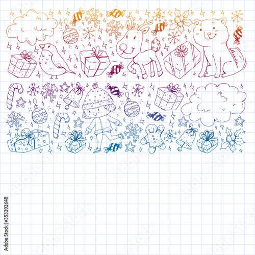 Christmas pattern with little children. Kids play and have fun during winter vacations.