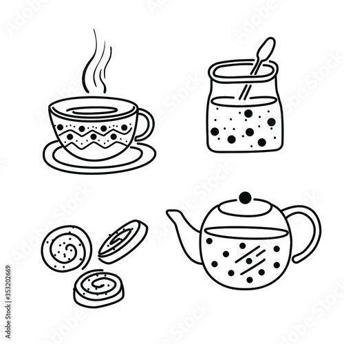 Tea party set - teapot, jar of jam, a cup of hot tea and cookies. Vector image in doodle style. Black drawing on a white background.