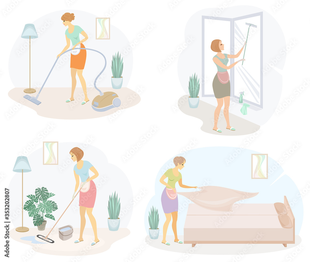 Collection. Profile of a cute lady. The girl cleans, mopping the floor, windows, vacuuming the room, making the bed. The woman is a good wife and a tidy housewife. Vector illustration