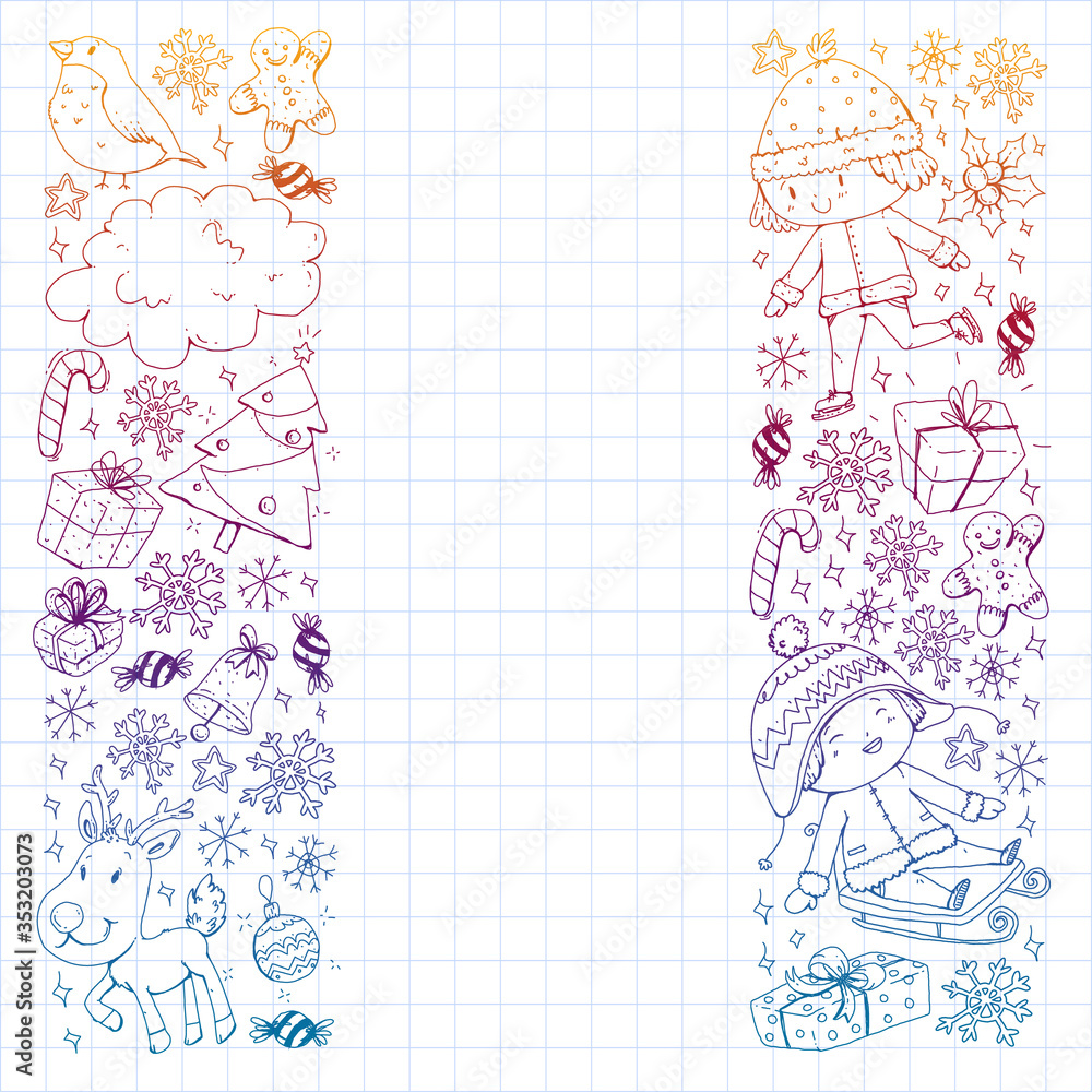 Fototapeta premium Christmas pattern with little children. Kids play and have fun during winter vacations.