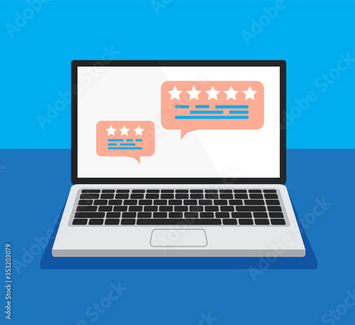 Open laptop with reviews rate on the screen. Review rating bubble speeches on a computer display. Vector illustration.	