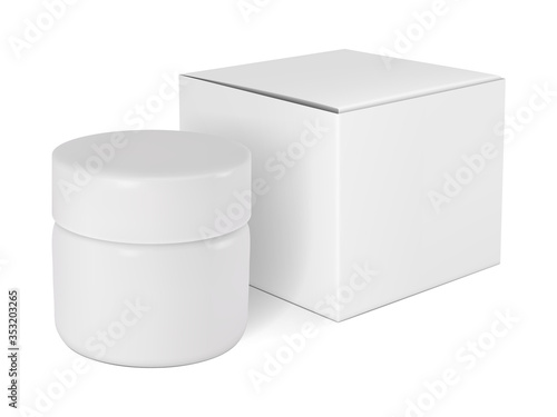 Vector realistic set of isolated images (mockup, template) from plastic closed packaging for cream or other cosmetics and paper box. Perspective view. EPS 10