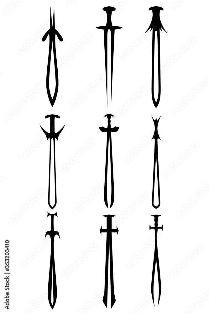A set of nine different types of medieval and game swords. Illustration for various purposes of icons, brochures, banners, logos.