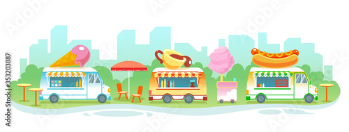 Street food festival landscape banner. Set of food trucks vector isolated illustration. Holiday city park restaurants. Summer outdoor rest in town. Ready takeaway meal cafe kiosks cartoon background