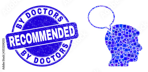 Geometric head thinking cloud mosaic icon and By Doctors Recommended stamp. Blue vector rounded textured stamp with By Doctors Recommended text.