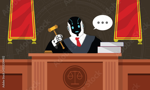 Robot lawyer or judge sit on the throne in the courtroom. Humanoid working at workplace with gavel books and briefcase artificial intelligence justice concept. Flat vector illustration