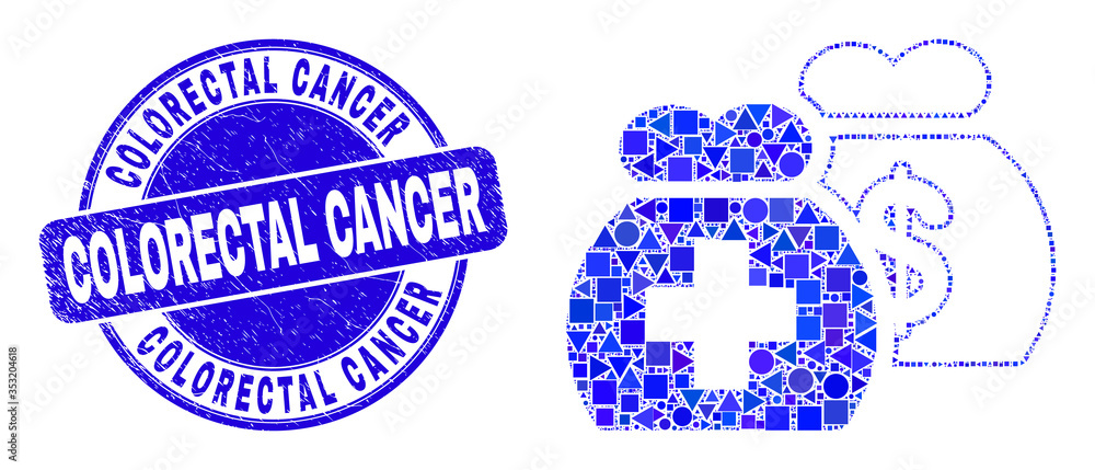 Geometric medical funds mosaic pictogram and Colorectal Cancer seal stamp. Blue vector rounded distress stamp with Colorectal Cancer message. Abstract mosaic of medical funds done of round, triangles,