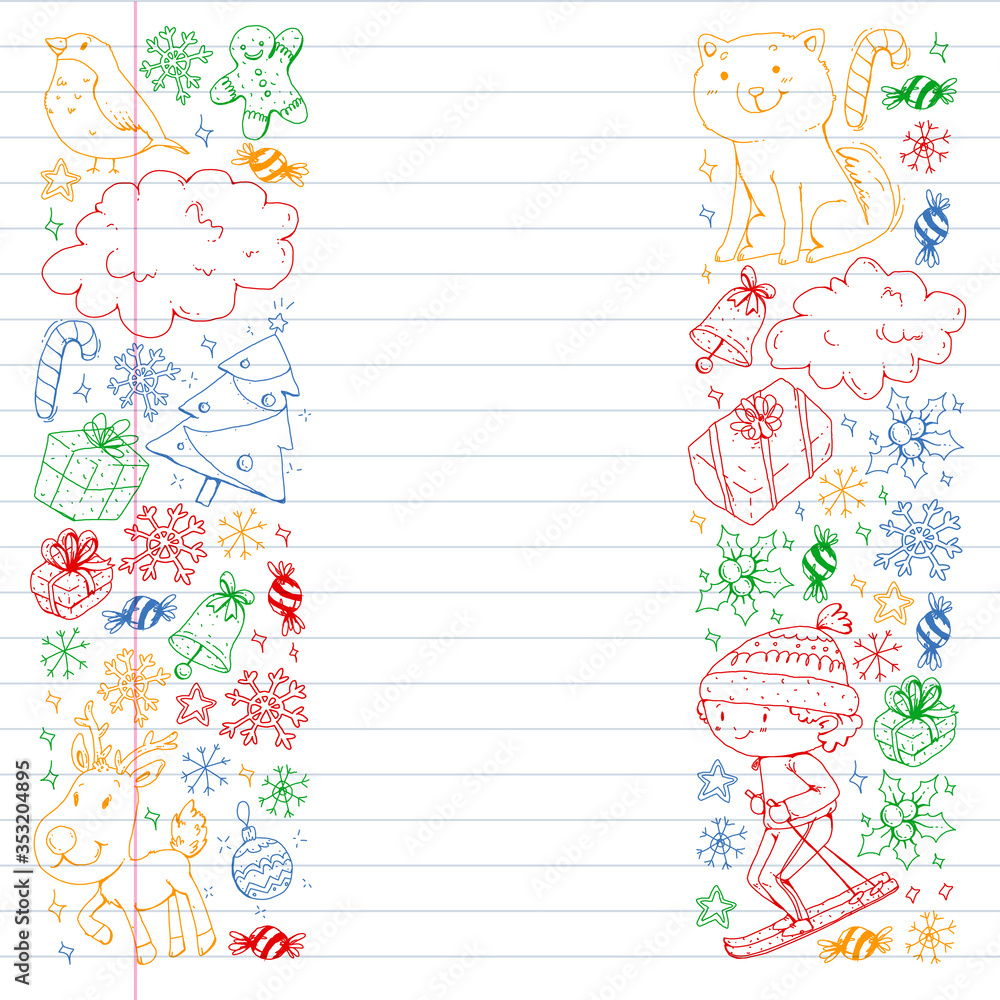 Christmas pattern with little children. Kids play and have fun during winter vacations.