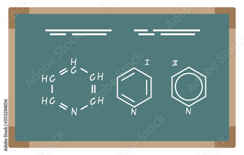 Molecular formula on chalkboard. Chemical elements on blackboard. Chemistry lessons or experiments conduction. Results of scientific researches. Substance properties analysis, vector in flat