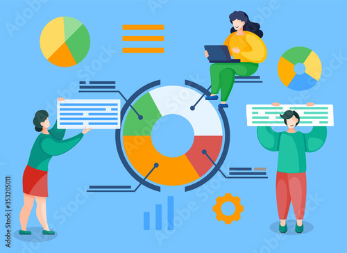 Man and woman character communicating with laptop for developing website. Diagram scheme with setting and graph icon strategy isolated on blue. Teamwork with computer for webpage develop vector