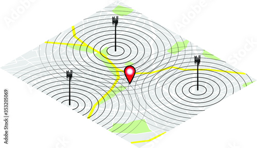 Concept: mobile cell phone tower triangulation. Three cell towers with intersecting signals on a road map.