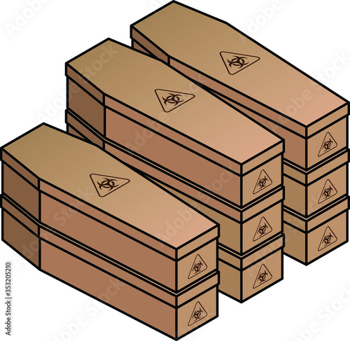 Mass grave / burial concept: Plain cardboard coffins printed with biohazard / infectious material symbols.