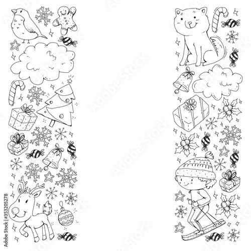 Coloring page with Christmas pattern for little children. Kids play and have fun during winter vacations.