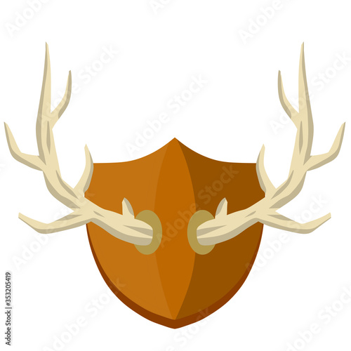 Horn of deer. Hunting trophy. Wall decoration element. Old catch on wooden board. Part of the stag animal head. Medieval Brown shield. Flat cartoon illustration