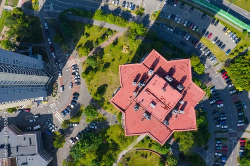 Aerial photo of “Spodek” arena complex and modern city center of Katowice, Upper Silesia. Poland.