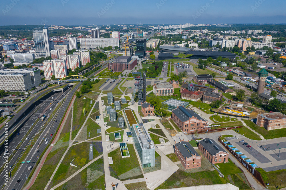 Aerial photo of “Spodek” arena complex and modern city center of Katowice, Upper Silesia. Poland.