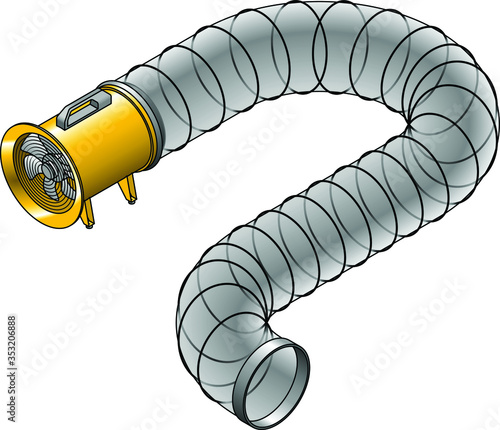 An industrial high-speed blower fan with a flexible exhaust hose.