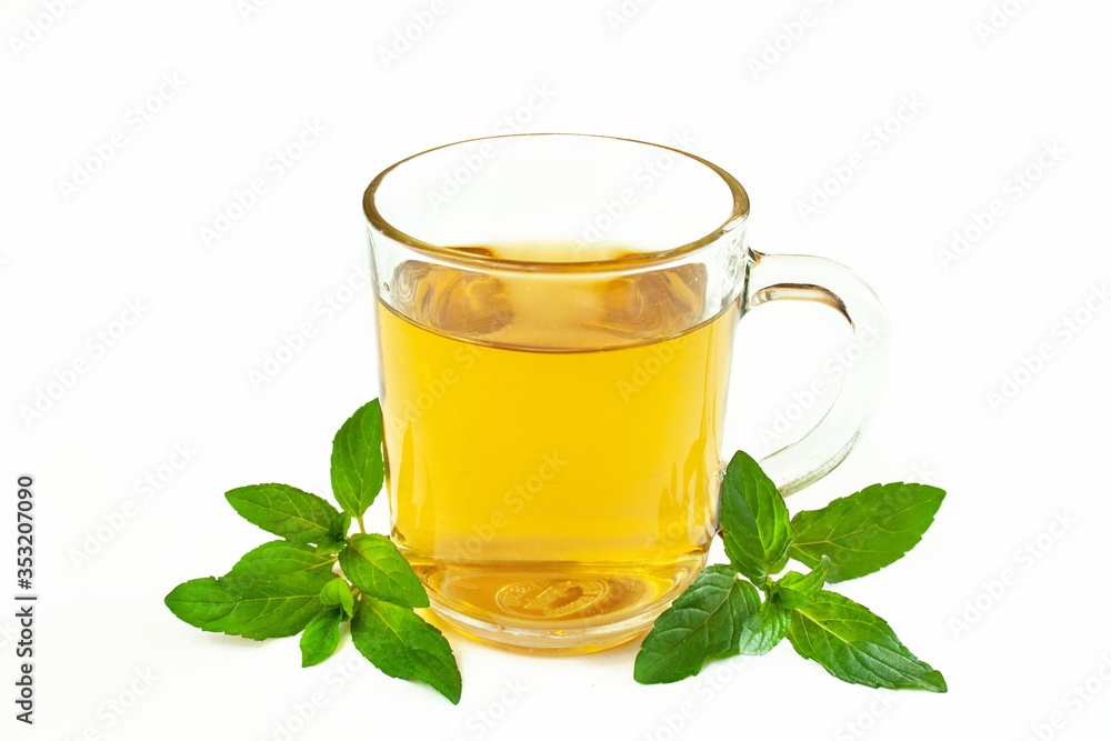 A glass of mint tea surrounded by sprigs of fresh mint on a white background
A glass of mint tea surrounded by sprigs of fresh mint on a white background