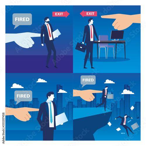 businessmen sad fired, dismissal, unemployment, jobless and employee job reduction concept, set scenes