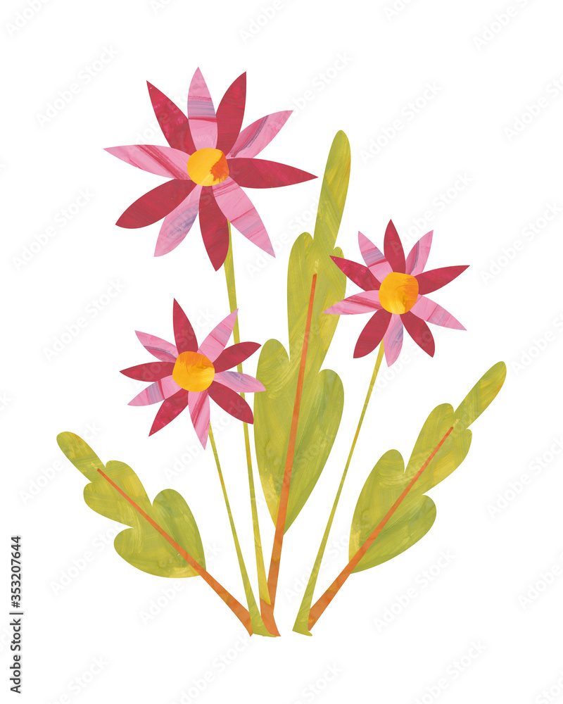 A bright bouquet of pink daisies or chrysanthemums with green leaves isolated on a white background. The postcard is drawn in the style of a collage in gouache