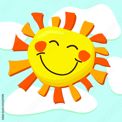 A funny smiling child's sun shines on the blue sky. Naive flat simple illustration for kids