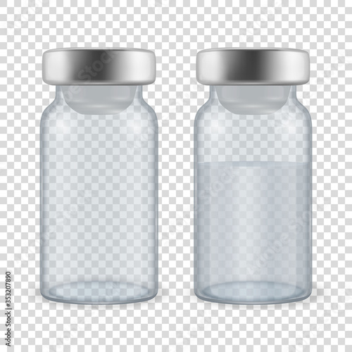 Vector 3d Realistic Bottles of Vaccine Icon Set Closeup Isolated on Transparent Background. Drug Ampoule Design Template, Clipart, Mockup. Vaccination concept. Front View