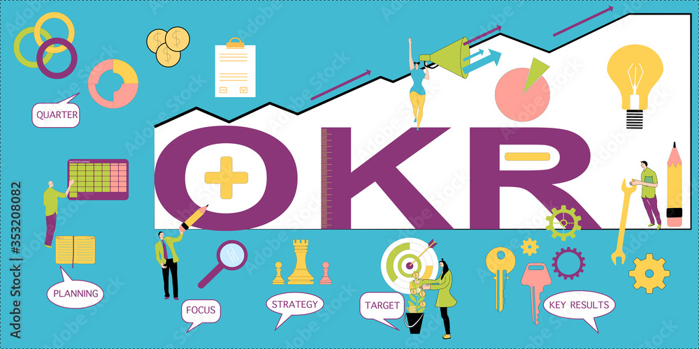 OKR (Objectives and key results) word vector illustration with icons for business,team people,target, focus,planning and quarter.Growth curve with arrows strategy,speaker with megaphone in flat style OKR (Objectives and key results) word vector illustration with icons for business,team people,target, focus,planning and quarter.Growth curve with arrows strategy,speaker with megaphone in flat style