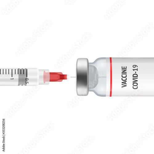 Vector 3d Realistic Bottle and Syringe. COVID-19 Coronavirus Vaccine. Closeup Isolated on White Background. Drug Ampoule Design Template, Clipart, Mockup. Vaccination concept. Front View