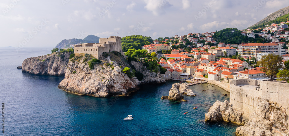 The General view of Dubrovnik - Fortresses Lovrijenac and Bokar seen from south old walls a. Croatia. South Dalmatia.