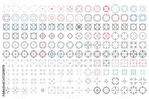 ANIMATED SCIFI target aim crosshair collection. Creative vector illustration of isolated bullseyes, target icon set, animation frames of AIMING, FOCUSING, SHOOTING and LOADING. Shooter assets.