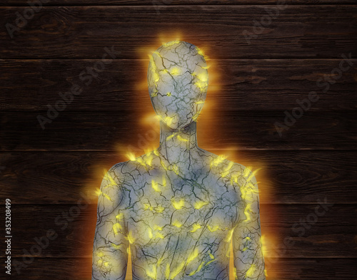 Esoteric and magic illustration of a stone human. Rock body in fissures with light inside. Soul breaks out