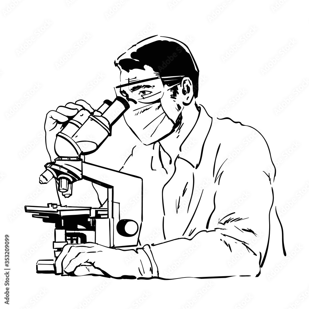 Doctor in protective glasses and mask looking through microscope. Vector illustration.