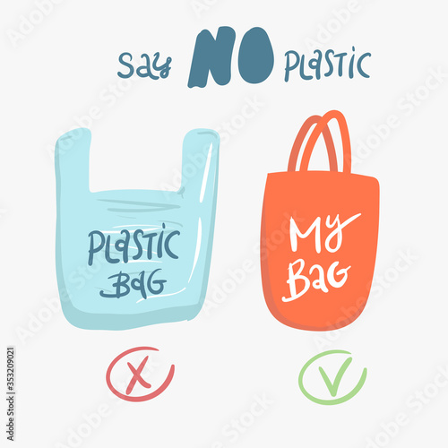 Zero waste poster. Plastic bag vs fabric shopping bag. Less plastic. hand drawing