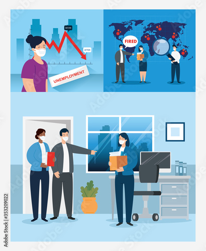 coronavirus, unemployment, jobless from covid 19, company closed and business shut down, scenes people unemployment using face mask vector illustration design