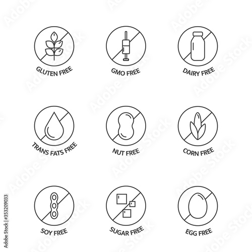 Product free allergen line icons. Food intolerance. Organic food and drink stickers. Natural products labels. Food dietary. Healthy eating. GMO free emblems. Vegan, bio. Vector illustration