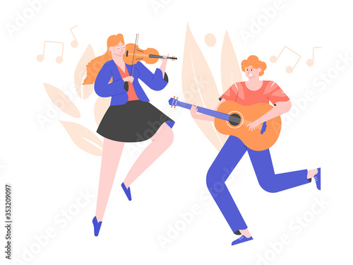 Guitarist and violinist. Musicians play together. Concert show. Vector flat illustration.