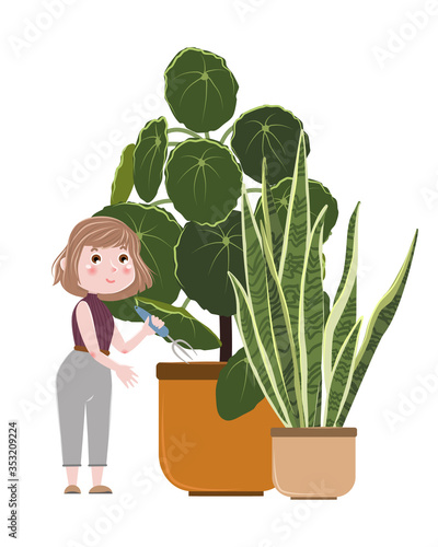 A cute girl in jeans and a fashionable digs earth in a pot with a houseplant. Sansevieria and pylea in a ceramic pot. Hobby. Interior decoration. Vector children's illustration. photo