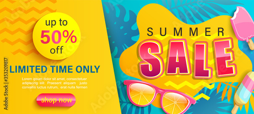 Hot Summer Sale banner,shop now with up to 50 percent limited time discount,season promo with tropical leaf,ice cream,sunglasses.Invitation for shopping,template for design flyer,special offer.Vector