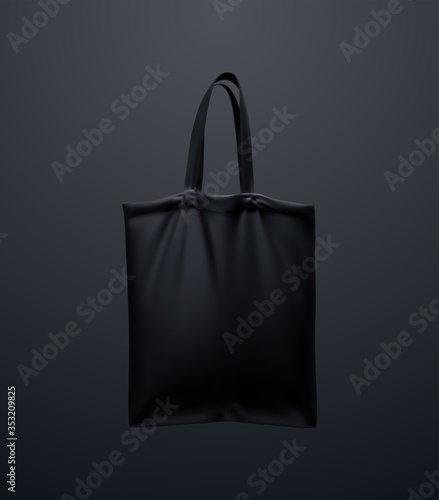 Black tote bag mockup. Vector 3d illustration. Reusable textile handbag design. Realistic canvas shopping bag. Eco concept