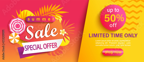 Hot Summer Sale banner, special offer, up to 50 percent limited time discount, promotion,season promo with tropical leaves,sun umbrellas.Invitation for shopping, template for design,flyer.Vector