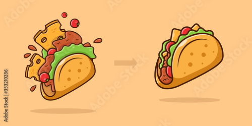 Stages of cooking a taco on an isolated background. Beautiful cartoon flat illustration. Suitable for Web Landing Page, Banner, Flyer, Sticker, Card. The ingredients turn into a beautiful taco.