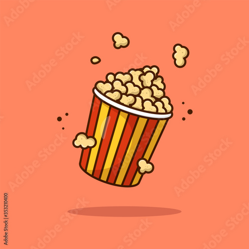 Vector popcorn on an isolated background. Cartoon icon that can be used in movie themes. Cinema, films, entertainment. Suitable for web page, banner, flyer, sticker, card. 