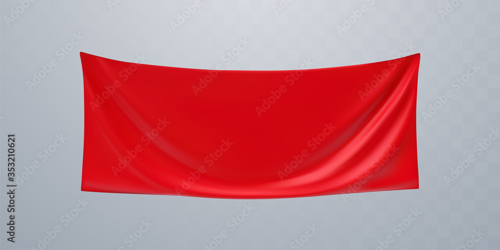 Naklejka premium Red textile advertising banner mockup. Vector 3d illustration. Hanging wrinkled fabric. Stretched canvas. Folded sheet. Template for placing ads