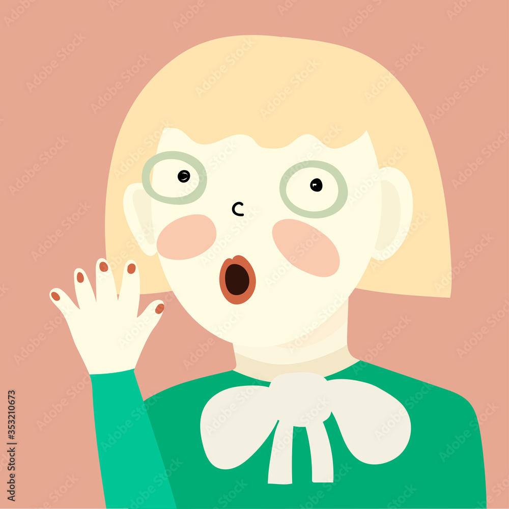 Funny portrait of a surprised girl in glasses. Strange girl in a childish style. Vector minimalistic illustration . Funny portrait of a surprised girl in glasses. Strange girl in a childish style. Vector minimalistic illustration .