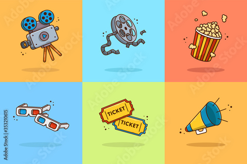 Set of vector icon for shooting films on isolated background. Cartoon icons that can be used in movie themes. Cinema, films, entertainment. Suitable for web page, banner, flyer, sticker, card.