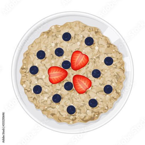 Porridge with berries on white background. Tasty breakfast. Isolated object on a white background. Cartoon style. Object for packaging, advertisements, menu. Vector illustration.